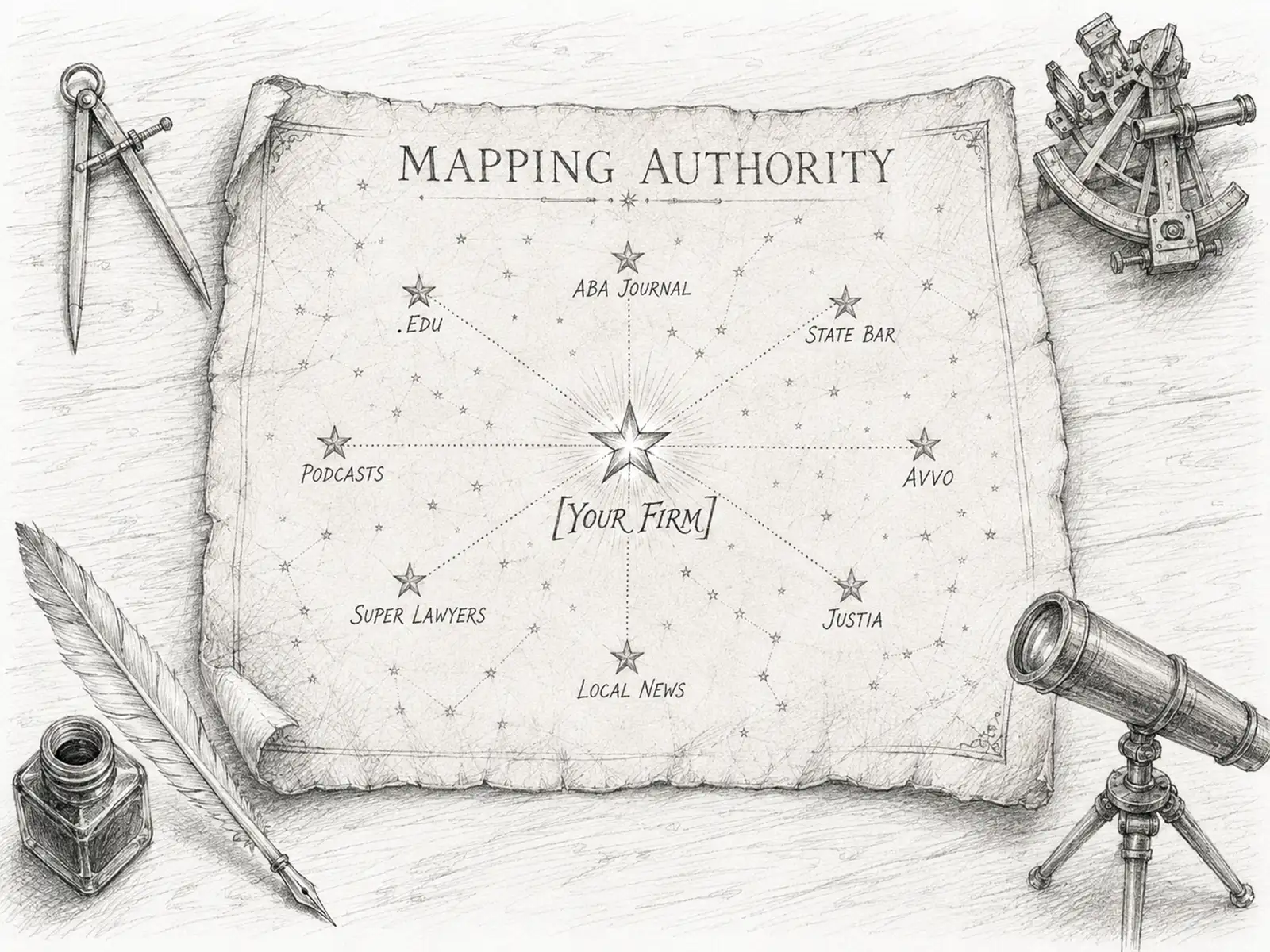 Pencil-sketched constellation chart with the law firm at center and link sources as the surrounding stars — link building is the work of mapping your authority sky.