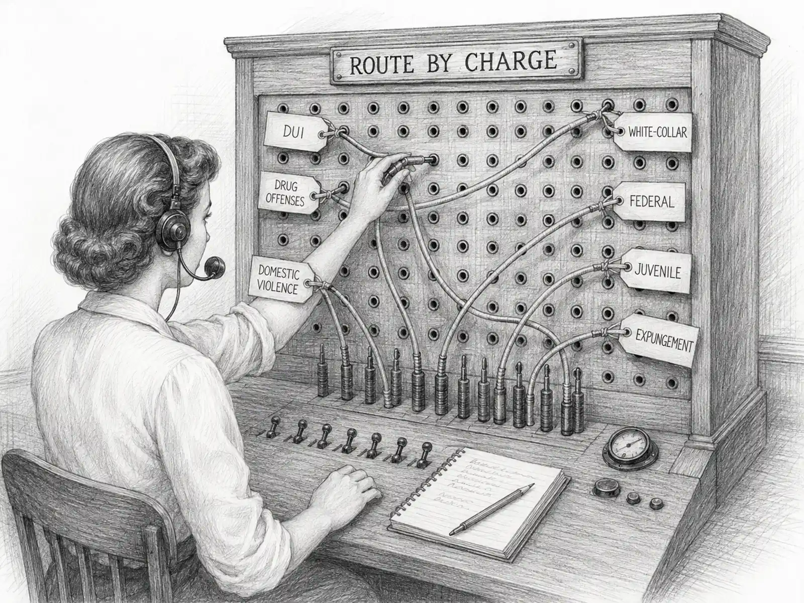 Pencil-sketched vintage switchboard with cables tagged by charge type — criminal defense clients don't search "criminal lawyer," they search by charge.