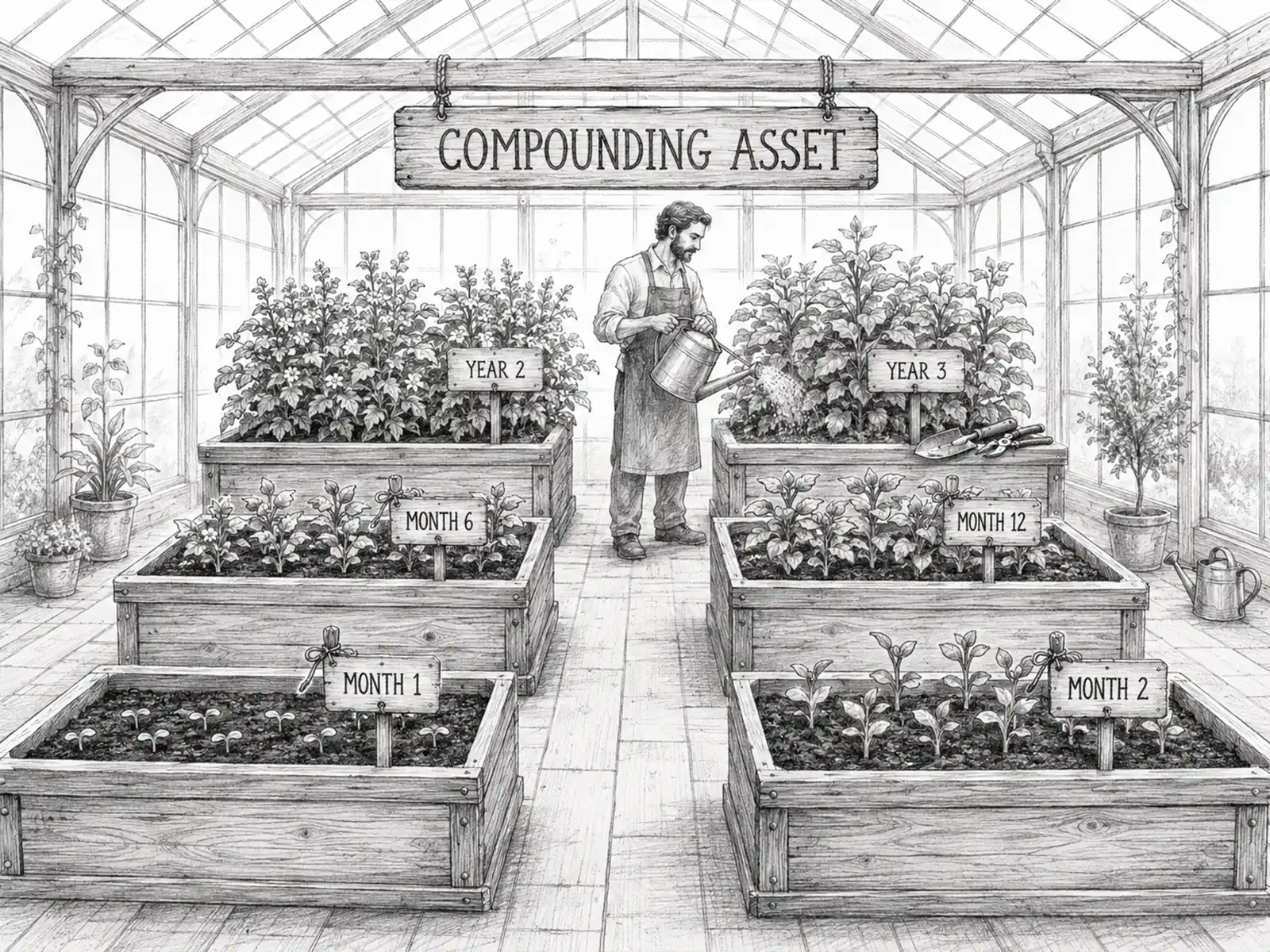 Pencil-sketched greenhouse with planters tagged from Month 1 to Year 3 — law firm content is a compounding asset, not a quarterly campaign.
