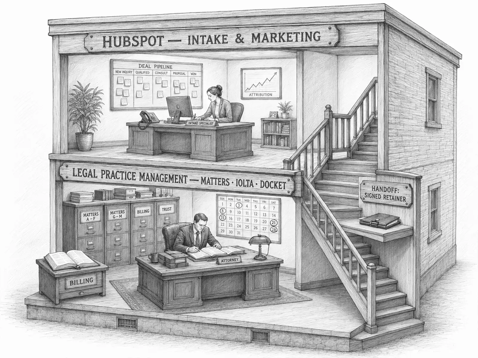Pencil-sketched two-story building with HubSpot's intake floor stacked above a legal-PM matter floor — HubSpot doesn't replace your matter system, it sits above it.