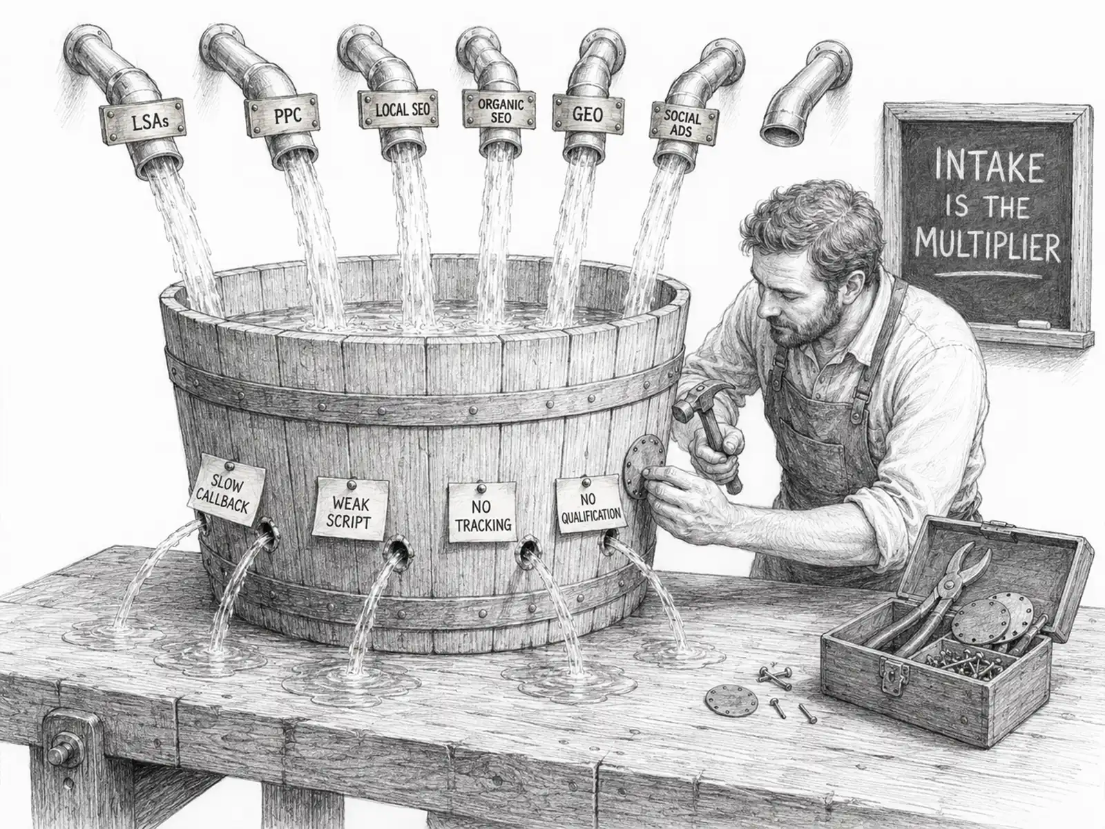 Pencil-sketched bucket fed by six channel spouts and leaking through tagged holes — channels fill the bucket, but intake decides how much you keep.