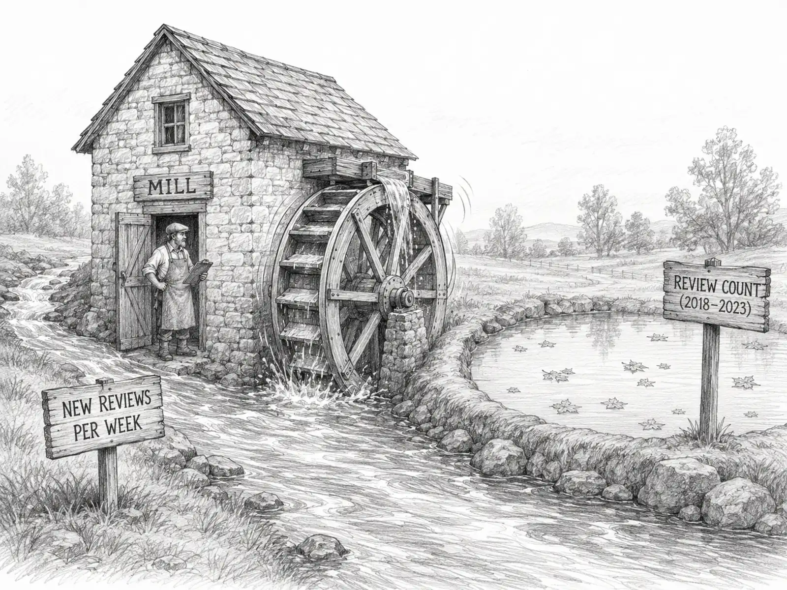 Pencil-sketched water wheel turning in a stream of new reviews beside a stagnant pond of old review count — review velocity ranks LSAs in 2026, not count.