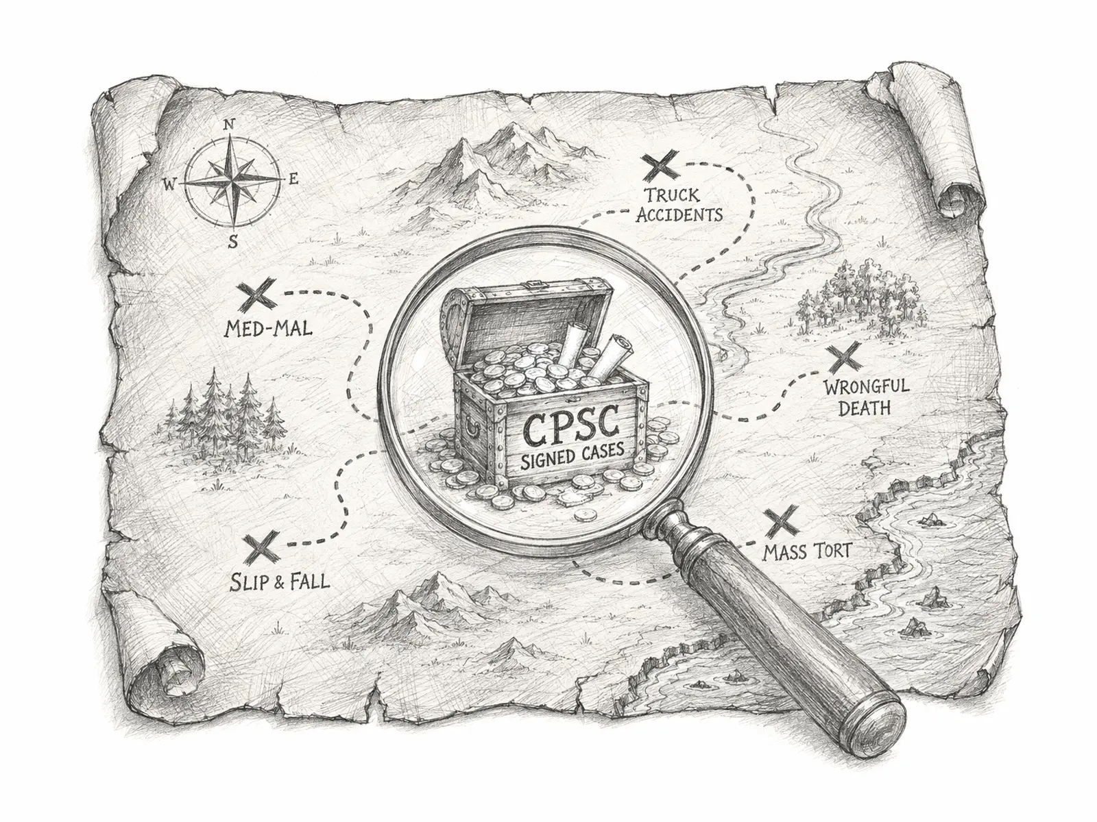 Pencil-sketched treasure map of personal injury case types, with a magnifying glass over a chest labeled CPSC — the metric that actually pays the bills.