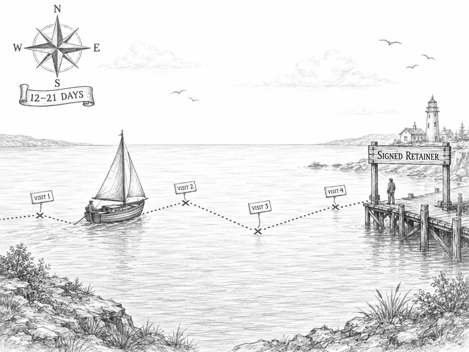 Pencil-sketched sailboat tacking a zigzag path across a bay to a port labeled "Signed Retainer" — family law buyers don't decide in one click.